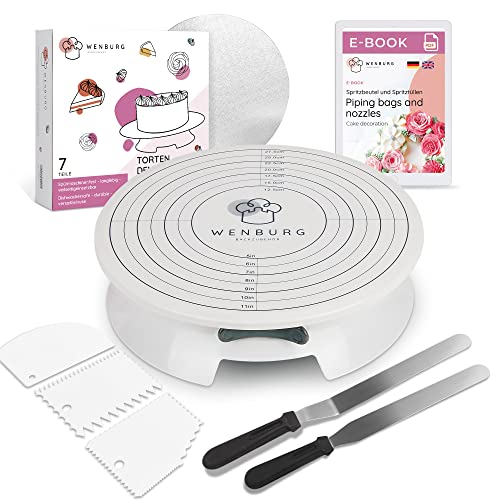 Wenburg Tortenplatte Drehbar, Tortendeko Set - Drehplatte mit Zubehör: Winkelpaletten, Teigschaber, Tortenunterlage, E-Book. Torten Drehteller I Tortenständer (Tortenplatten Set Chef)