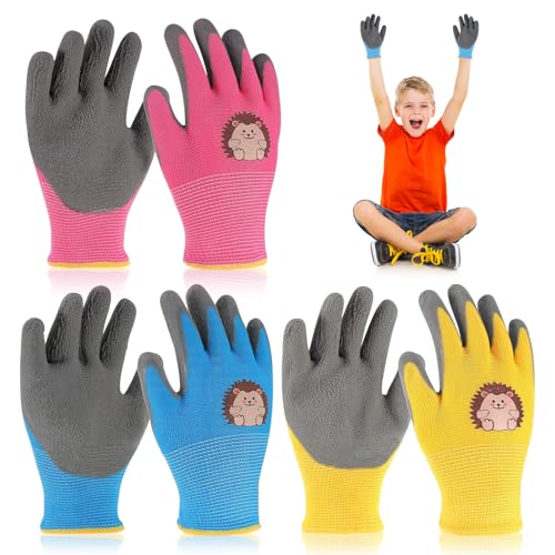 RCYHCY 3 Paar Gartenhandschuhe Kinder, Kinder Arbeitshandschuhe, Cartoon Arbeitshandschuhe Kinder, rutschfeste Latexbeschichtung, für 3-7 Jahre Mädchen und Jungen, Gartenarbeit, Arbeiten, Spielen