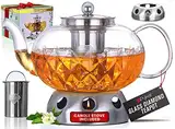 PYKAL Glas Teekanne mit Siebeinsatz und Stövchen Set - 1 Liter - Leuchtende Diamant Teekanne auch für Losen Tee - Teebereiter mit Sieb & Teelichtofen - Glasteekanne - Tea Pot