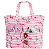 LEDAOU Große Strandtasche Damen Umhängetasche Handtasche wasserdicht sanddicht mit Reißverschluss Strandtasche für Pool Fitnessstudio Reisen mit Nasstasche (Rosa Flamingo)