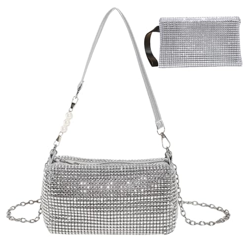 Clutch Silber mit Silber Portemonnaie,Elegante Glitzer Tasche mit Reißverschluss,Strass Tasche Silber Damen für Party Hochzeit Bankett Feiertage Freizeit Date,Abendtasche Silber