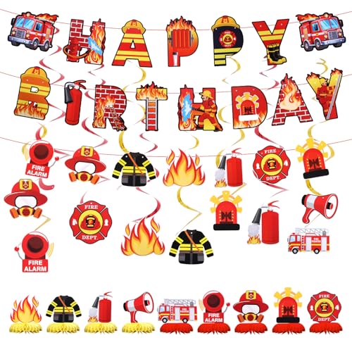 lasuroa Feuerwehr Geburtstagsfeier Dekorationen, Enthält Feuerwehrmann Happy Birthday Banner Hängende Spiralen & Waben Tischdekorationen für Feuerwehr Themen Partyzubehör Deckendekor