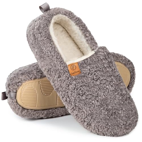 EverFoams Damen Warme Lammfell Memory Foam Vollpantoffel Anti-Rutsch Leicht Atmungsaktiv Winterhaus Grau, 39.5 EU