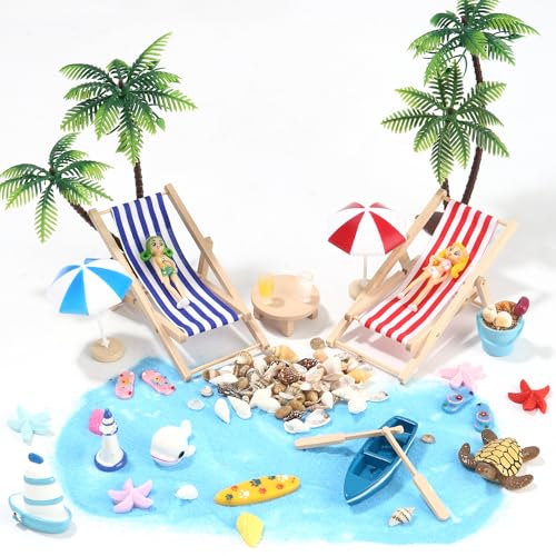 35 Stück Strand Deko Miniatur Set,Strand-Mikrolandschaft,Miniatur-Ornament-Set für DIY,Miniliegestuhl Strandkorb Sonnenschirm Kleine Palme Deko Sommerliche Garten-Deko,für DIY Garten Dekoration