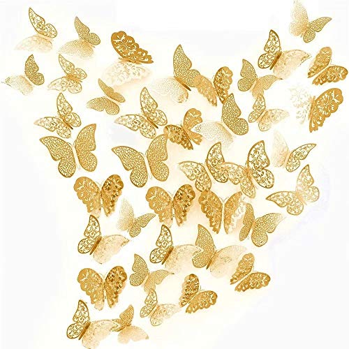 beihuazi® 3D Schmetterlinge Deko wand Wandsticker Aufkleber Wandtattoo für Wohnzimmer, Kinderzimmer, Türen, Fenster, Badezimmer, Kühlschrank(36 Stück,gold)