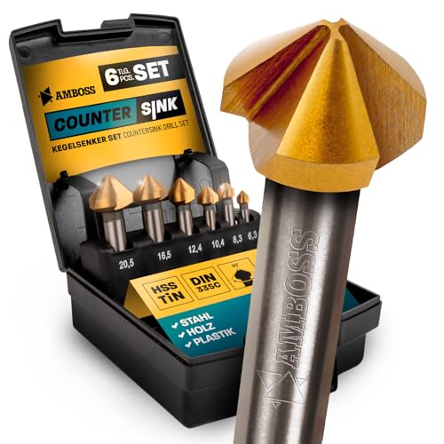 Kegelsenker Set 6tlg. 6,3-20,5 mm HSS TiN/DIN 335C / Amboss Werkzeuge Senker für Eisen, Stahl, Metall, NE-Metall, Holz, Kunststoff/Profi Senkkopfbohrer für Bohrmaschinen und Akkuschrauber