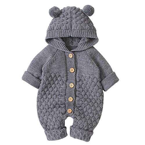 Haokaini Neugeborenes Baby Ohr Kapuze Gestrickte Strampler Overall Winter wärmer Schneeanzug für Jungen Mädchen (3-6 Monate, Grau)