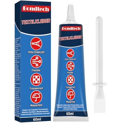 Textilkleber Waschmaschinenfest 60 ML, Stoffkleber Extra Stark für Baumwolle, Kleidung, Hosen und mehr, Transparenter & Waschbarer