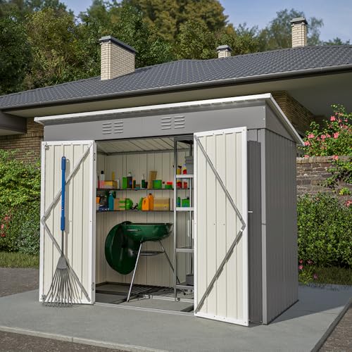 Gegtuon Metall Gerätehaus 229x111x182 cm, Geräteschuppen Gartenhaus mit Satteldach, Gartenschrank mit 2 Türen & Stauraum Regal, Wetterfest Outdoor Schuppen Gartenschuppen für Garten Terrasse, Grau