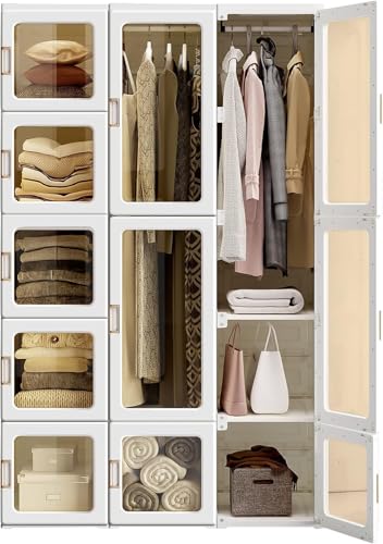Dripex Kleiderschrank, Schrank 104 x 170 x 50 cm (B x H x T), einfache Montage, Faltbarer Mehrzweckschrank mit Stange, magnetische Türen, für Schlafzimmer Wohnzimmer Weiß