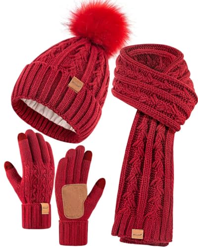 Winuesa Mütze, Schal & Handschuh-Sets für Damen, Beanie Mütze Damen Winter mit Bommel Fleece Gefütterte, Touchscreen Handschuhe Schal Wärmer Mütze Damen 3 in 1 Set(Burgund)