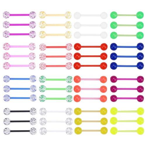 48 Stück Zungenpiercing Set 1.6mm,14G Zungenpiercing Kunststoff Wiederverwendbar,Piercing Zunge, Nippelpiercing Zungenpiercing Plastik Set Mit Leuchteffekt,Zungenpiercing Kugeln Acryl,Leicht Bequem