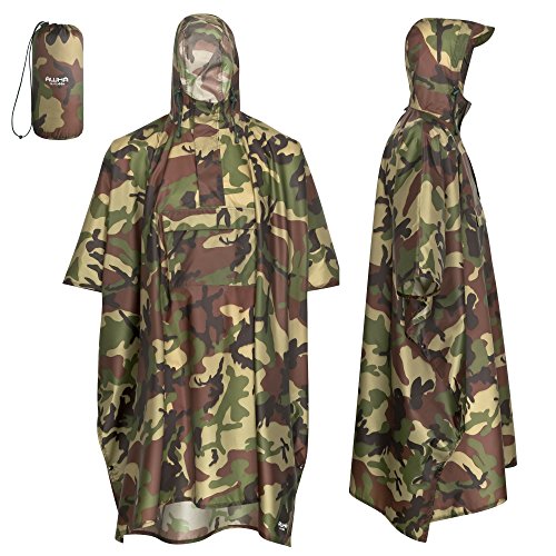 AWHA Regenponcho Damen und Herren wasserdicht und extra lang zum Wandern, Reiten, Fahrrad fahren - Outdoor Regenschutz wiederverwendbar mit Tasche, camouflage, L/XL