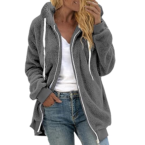 EMATOP Winterjacke Damen Teddy Fleece Mantel Flauschig Hoodie Jacken Warm Gefüttert Fleecejacke mit Kapuze Plüschjacke Herbst Winter Langarm Wintermantel Einfarbig Kuschelig übergangsjacke