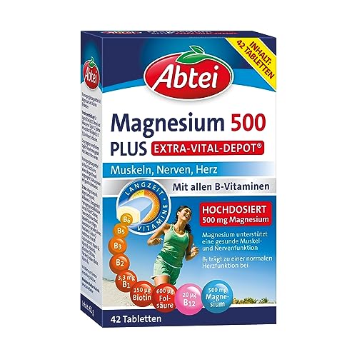 Abtei Magnesium 500 Plus Extra-Vital-Depot - hochdosiert - mit allen B-Vitaminen - für Muskeln, Nerven und Herz - vegan - 42 Tabletten