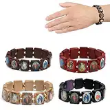 Kuashidai 4 Stück Jesus-Armband aus Holz, Rosenkranz, elastischer Stretch-Armreif mit Bildern religiöser Heiliger, katholischer Heiliger Götter, Göttin, 2.17 inch, Holz