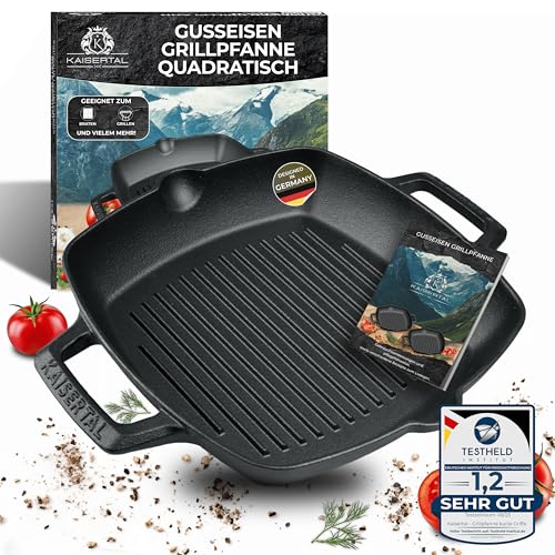 KAISERTAL® Grillpfanne inkl. Reinigungsbürste - 26cm Premium Grillpfanne Gusseisen. Die Gusspfanne ist Induktionsgeeignet, Voreingebrannt und Backofengeeignet. Inkl. Rezeptbuch