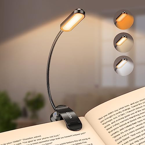 Gritin Leselampe Buch Klemme mit 11 LEDs, LED Buchlampe USB C Wiederaufladbar, Stufenlose Helligkeit & 3 Farbtemperatur Modi Klemmleuchte, 360° Flexibel Klemmlampe für Nachtlesen ins Bett