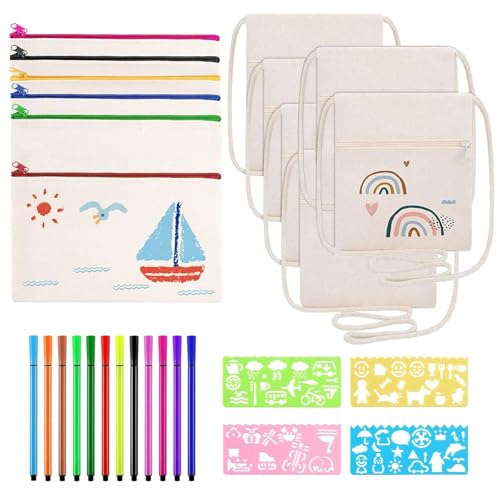 Fiyuer 12er Set Stoffbeutel zum Bemalen für Kinder, DIY Blanko Stoffbeutel Klein, mit 12 Buntstift & 4 DIY Malschablonen, Taschen zum Bemalen für Kinder, Brustbeutel für Schule Party Feier Geschenk