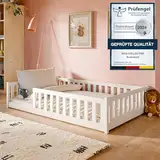 Kids Collective Kinderbett Bodenbett 120x200 cm mit Rausfallschutz & Lattenrost Montessori Bett Bed Gitterbett Kinder Jugendbett Einzelbett | weiß weitere Größen 80x160 | 90x200 | 140x200 cm
