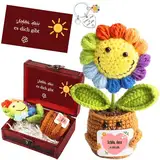 Positive Geschenke, Pocket Hug Deutsch Emotional Support mit Schatztruhe Schlüsselanhänger & Grußkarte, Dankeschön Geschenk Gestrickte Sonnenblume, Glücksbringer Geschenke für Freunde Kollegen (C)