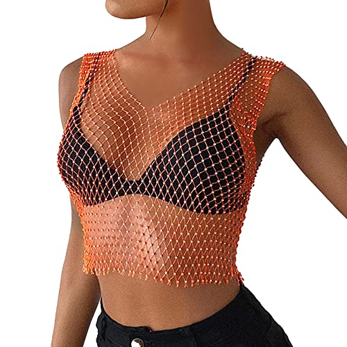 QWUVEDS Sexy Strass-Mesh-Tanktops für Frauen, durchsichtiges -Crop-Top Strickkleid Damen Sexy