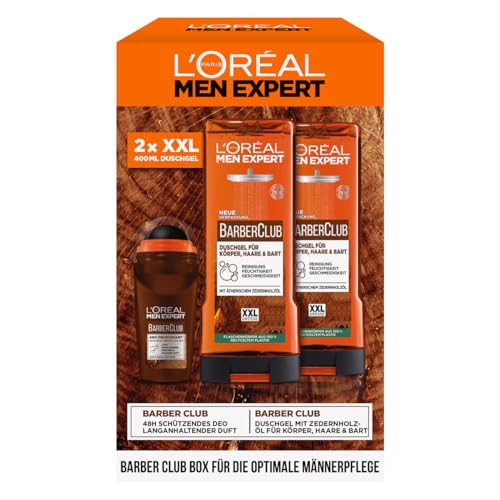 L'Oréal Men Expert Pflegeset für Männer, Geschenkset mit XXL Duschgel und Deoroller, Geschenk für Herren inklusive Bodywash und Deo Roll-On mit Zedernholzöl, Barber Club, 2 x 400 ml, 1 x 50 ml