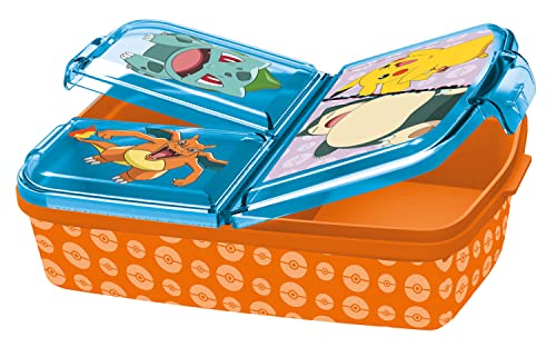 P:os 34242 - Pokémon Brotdose für Kinder mit 3 Fächern, Lunchbox aus Kunststoff mit Clip-Verschlüssen, Vesperdose für Kindergarten, Schule und Freizeit