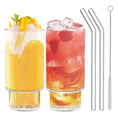 Geriffelte Gläser Set, 2 Stück 420ml Ripple Vintage Gläser mit Glasstrohhalm Reinigungsbürsten Geriffelte Glaswaren Geripptes Saftglas für Whiskey, Smoothie, Eis, Bier