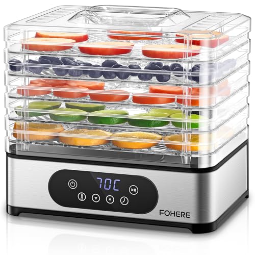 FOHERE Dörrautomat Edelstahl, Dörrgerät mit 5 höhenverstellbaren Tabletts, LED-Anzeige, 420W, 35-70°C, 48h-Timer, für Lebensmittel, Pilze, Früchte, Fleisch, Fisch, Gemüse, BPA frei