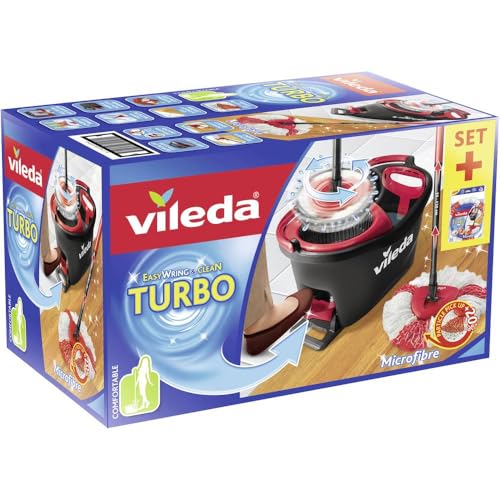 Vileda Turbo Wischmopp Komplett Set mit extra 2in1 Moppkopf, Bodenwischer mit Teleskopstiel, 2 Mikrofaser Moppköpfe mit Kraftfasern und Eimer mit Powerschleuder, schnell und reinigungsstark