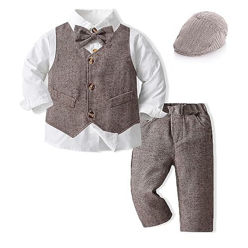 Volunboy Baby Anzug Jungen Anzugweste Hemd mit Fliege für Festlich Hochzeit Bekleidung Set 5tlg（2-3 Jahre，Braun，Größe 100）