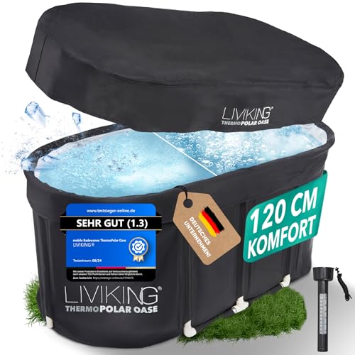 LIVIKING® Eisbad + Faltbare Badewanne Erwachsene [120 cm - 2in1 KOMFORT KOMPLETTSET] Eisbaden Tonne, Mobile Badewanne Outdoor & Eistonne –ThermoPolar-Isolierung & SolidShape-Rahmen – Jetzt Eintauchen!