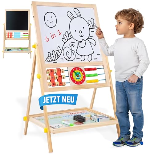 Unique Nature Montessori Board - Holztafel 6 in 1 – Magnetkreide Tafel für Kinder, Doppelseitig, Höhenverstellbar, Kreativitätsfördernd, Ideal für Lernen, Malen & Zählen, 1-6 Jahre