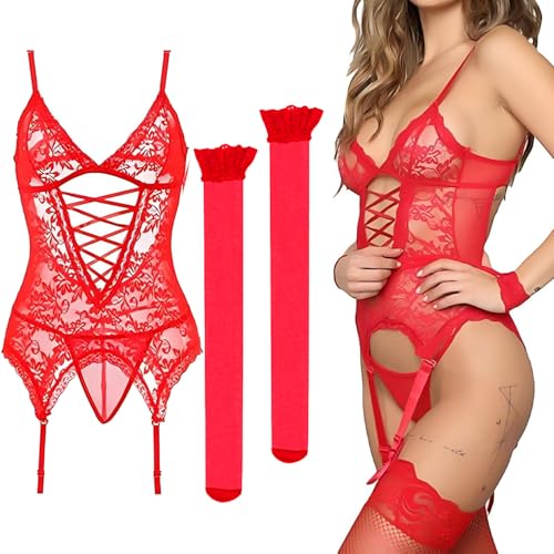 Sadodo Dessous Sexy Sets,Strapsen Dessous Set mit Spitzenstrümpfe,Lace Wäsche für Fauen,Damen Bodysuit,Overall Lingerie mit Loch Reizwäsche Höschen Strumpf,Sexy Unterwäsche (Stil B-rot)