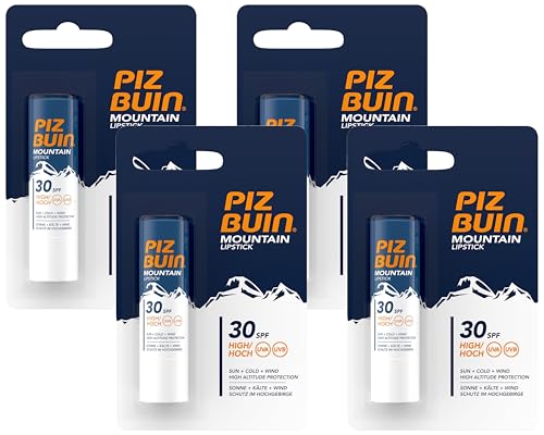 PIZ BUIN Mountain Lippenpflege LSF 30, feuchtigkeitsspendender Lippenpflegestift für Wintersportler, effektiver Wind- und Sonnenschutz für die Lippen, 4,9 g (Packung mit 4)