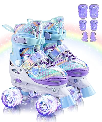 Rollschuhe Kinder Verstellbar Mädchen Rollerskates, Größe 26-37 Mit 6er Kinder Protektoren Set und Led Leuchtenden Rädern für Mädchen1 Pair