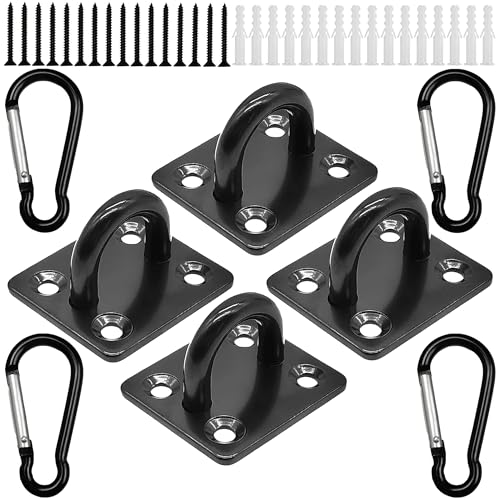 ANBOO Augplatte aus Edelstahl, Augplatte mit Öse, Ösenplatte, Augplatte Schwarz, Wandöse, Befestigungshaken mit 4 edelstahl Karabiner 16 Schrauben und Kunststoff-Steckern für Wand-Befestigung