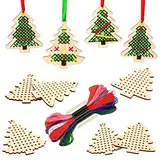 Gukasxi 10 Stück Weihnachten hölzerne Lesezeichen Kreuzstich Kits, hölzerne Weihnachtsbaum Kreuzstich Set, Kinder Anfänger DIY Weihnachten Kunsthandwerk, Weihnachtsbaum Ornamente