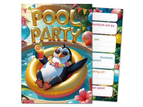 12 Einladungskarten zum Kindergeburtstag Schwimmbad Pool Party Pinguin Mädchen Jungen Kinder Einladungen Geburtstag Geburtstagseinladungen Kids