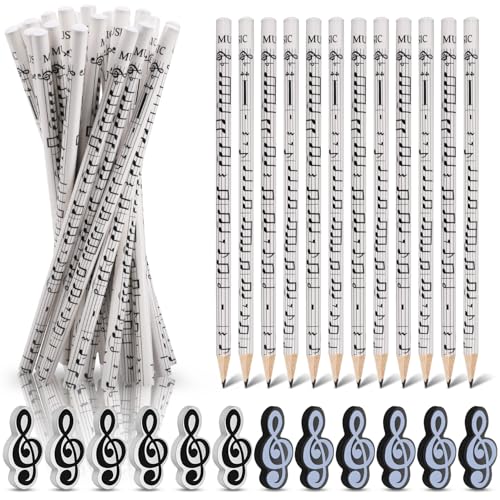 Dncvb 36 Stück Musiknoten Stifte Set, 24 Bleistifte für Musiknoten + Radiergummis Mit Musiksymbolen, Musikmotiven Bleistifte, Bleistift Musik Für Studenten Kinder Partygeschenke Klassenzimmer