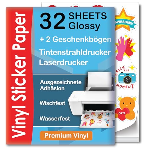 Premium Bedruckbares Vinyl Sticker Papier - 32 Glossy Blätter Sticker Papier A4 Printable Vinyl Sticker Paper - Selbstklebende Folie zum Bedrucken - Wasserabweisend und Reifest Bedruckbare Vinylfolie