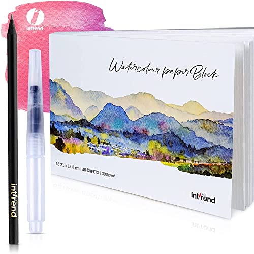 int!rend Aquarellpapier A5 300 g/m² 40 Seiten - Aquarellblock Malpapier mit Wassertankpinsel & Bleistift - Aquarell Papier zum Malen - Watercolor Paper Aquarell Block