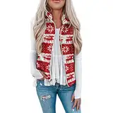 Damen Mäntel Elegant Jacke Westen Fuzzy Christmas Fleecejacke für Damen, leichte Weste, gemütliche, ärmellose Strickjacke, Reißverschluss, Oberbekleidung mit Modern Freizeit Warm Halten (Red, L)