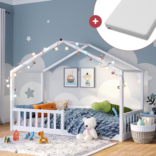 Bellabino Bia Kinderbett 90x200 cm – Hausbett mit Matratze, Rausfallschutz & Lattenrost – Montessori Bodenbett aus Massivholz Kiefer – Kinder Bett in Weiß für Jungen und Mädchen