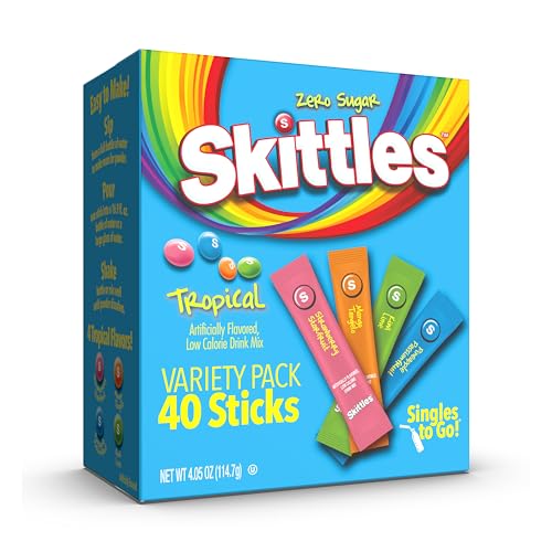 Skittles Singles To Go Tropische Geschmacksrichtung, gepuderte Getränkemischung, enthält 4 Aromen, Erdbeer-Sternenfrucht, Mango-Tangelo, Kiwi-Limette, Ananas-Passionsfrucht, 40 Stück
