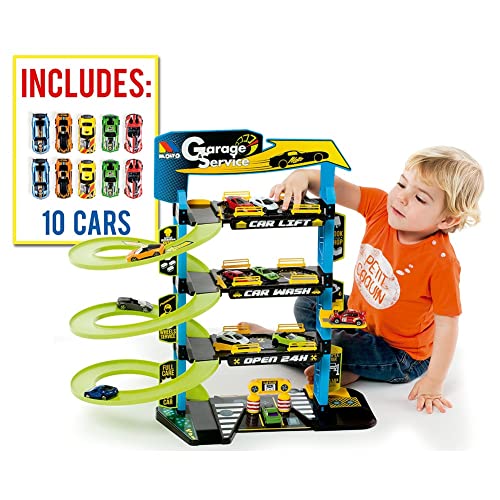MOLTO | 4-stöckiges Kinder-Autoparkhaus mit Zubehör, Spielzeug-Autoparkplatz, Spielzeug-Autobahn, inklusive 10 Spielzeugautos, Kinderspielzeug + 3 Jahre, Garagenautos