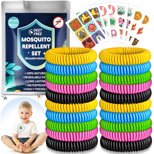 Mückenschutz Armband Set - 20 Stück Mückenarmband + 60 Stück Anti Mücken Pflaster, Mückenpflaster für Kinder Erwachsene Outdoor Camping Wandern Sport