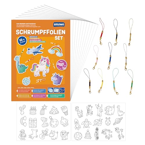 Smowo® Schrumpffolien Set mit Schlüsselanhänger - 10 Stück schrumpfende Plastikfolie - Bastelset mit Motiven - A4 matt transparent