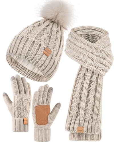 Winuesa Mütze, Schal & Handschuh-Sets für Damen, Beanie Mütze Damen Winter mit Bommel Fleece Gefütterte, Touchscreen Handschuhe Schal Wärmer Mütze Damen 3 in 1 Set(Haferflocken)